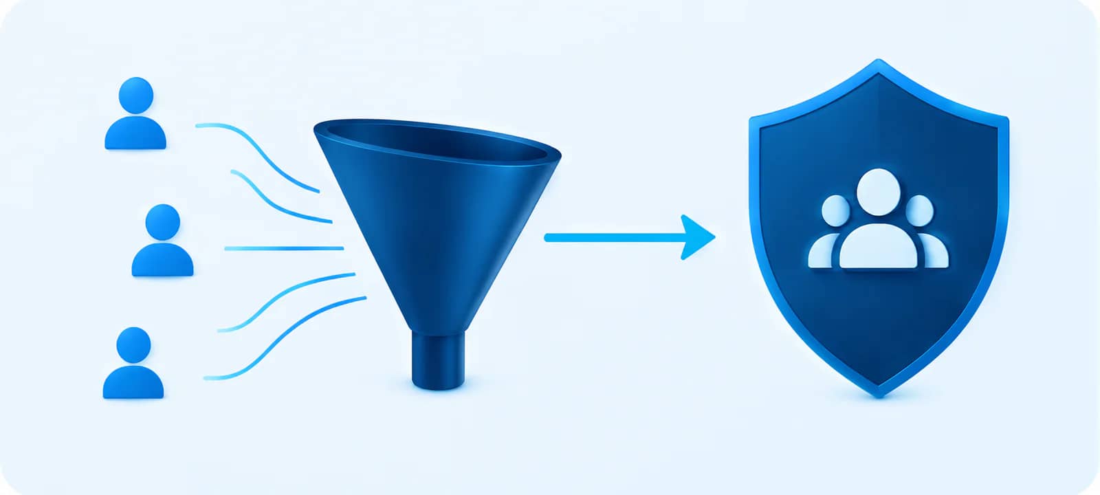 Consumer profile icons flowing through a blue lead funnel into a protected audience shield