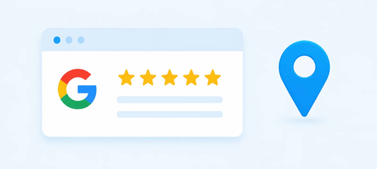 Five-star Google review card beside a blue local search pin