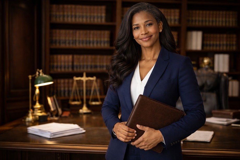 An experienced female attorney stands confidently in her law office, smiling while holding a leather portfolio, with bookshelves and legal scales behind her illustrating the surprising ROI of legal aid in a bankruptcy practice.